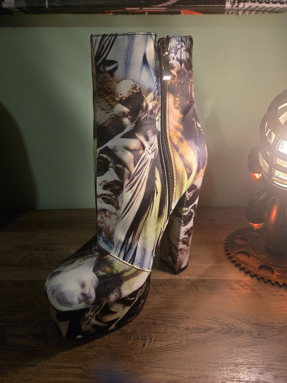 NWOT -Dolls Kill Multicolor Renaissance Satin Art Print Platform Ankle Boots 8